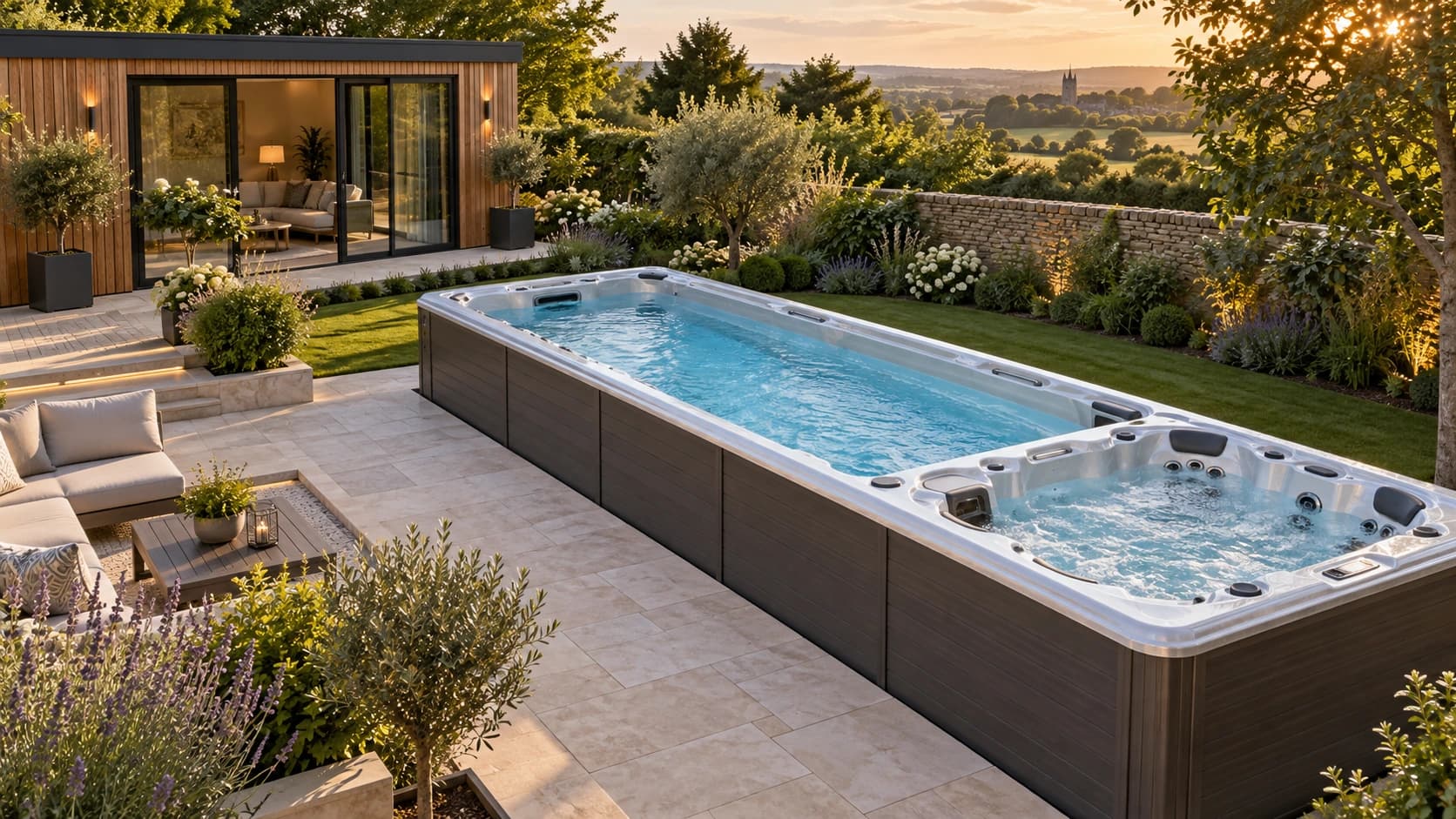 Swim spa on a landscaped garden terrace