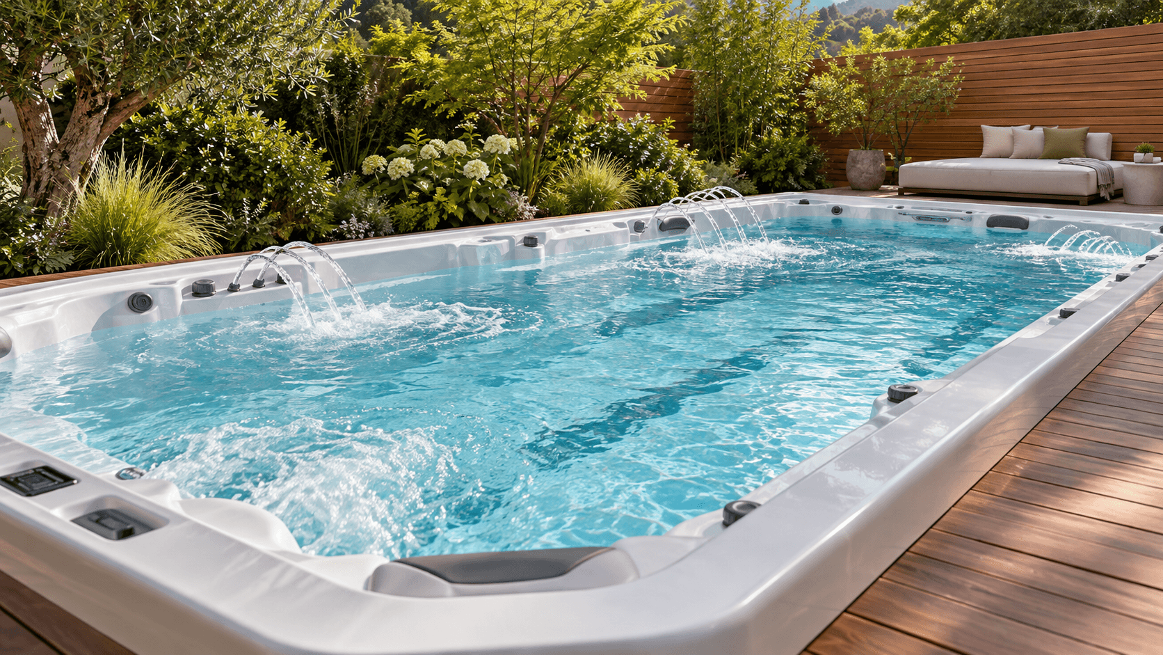 Swim spa with water jets in a landscaped garden