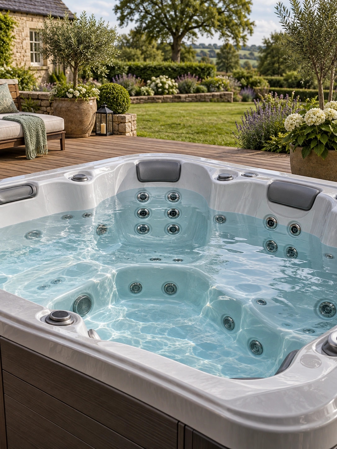 Hydrotherapy Hot Tub with contoured seats and clear blue water