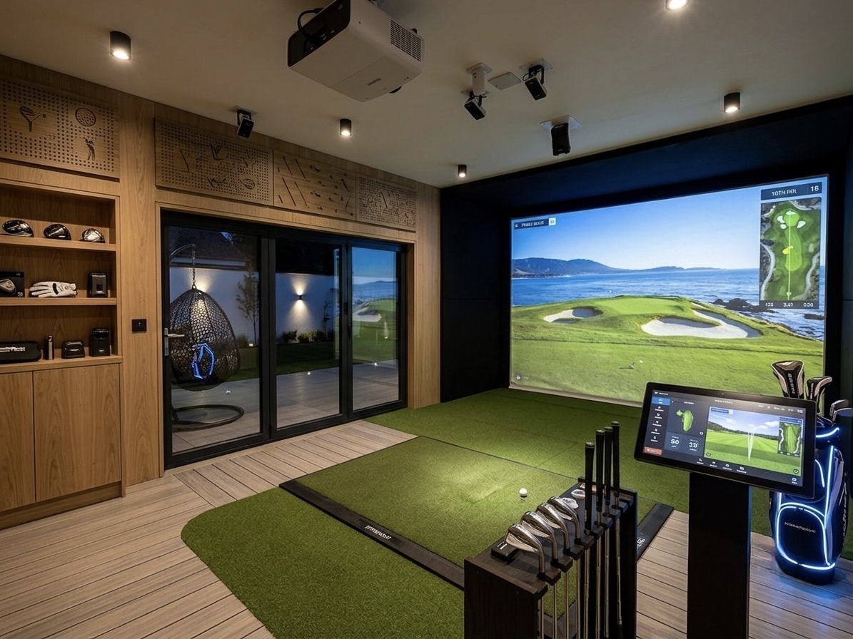 Finished timber-lined golf simulator room with a projection screen, hitting mat and club storage