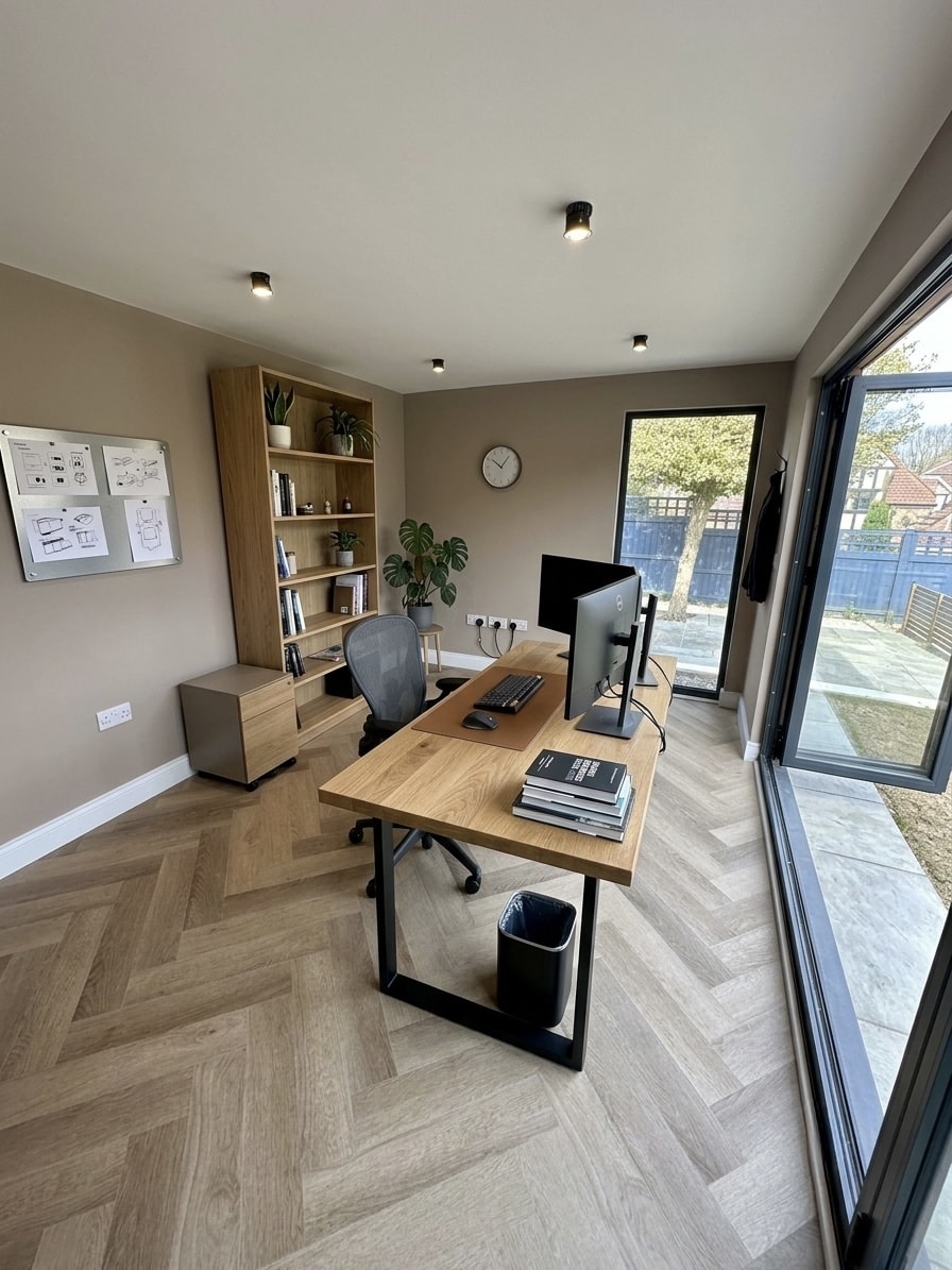 Completed garden office with an oak desk, shelving and full-height glazing overlooking the garden