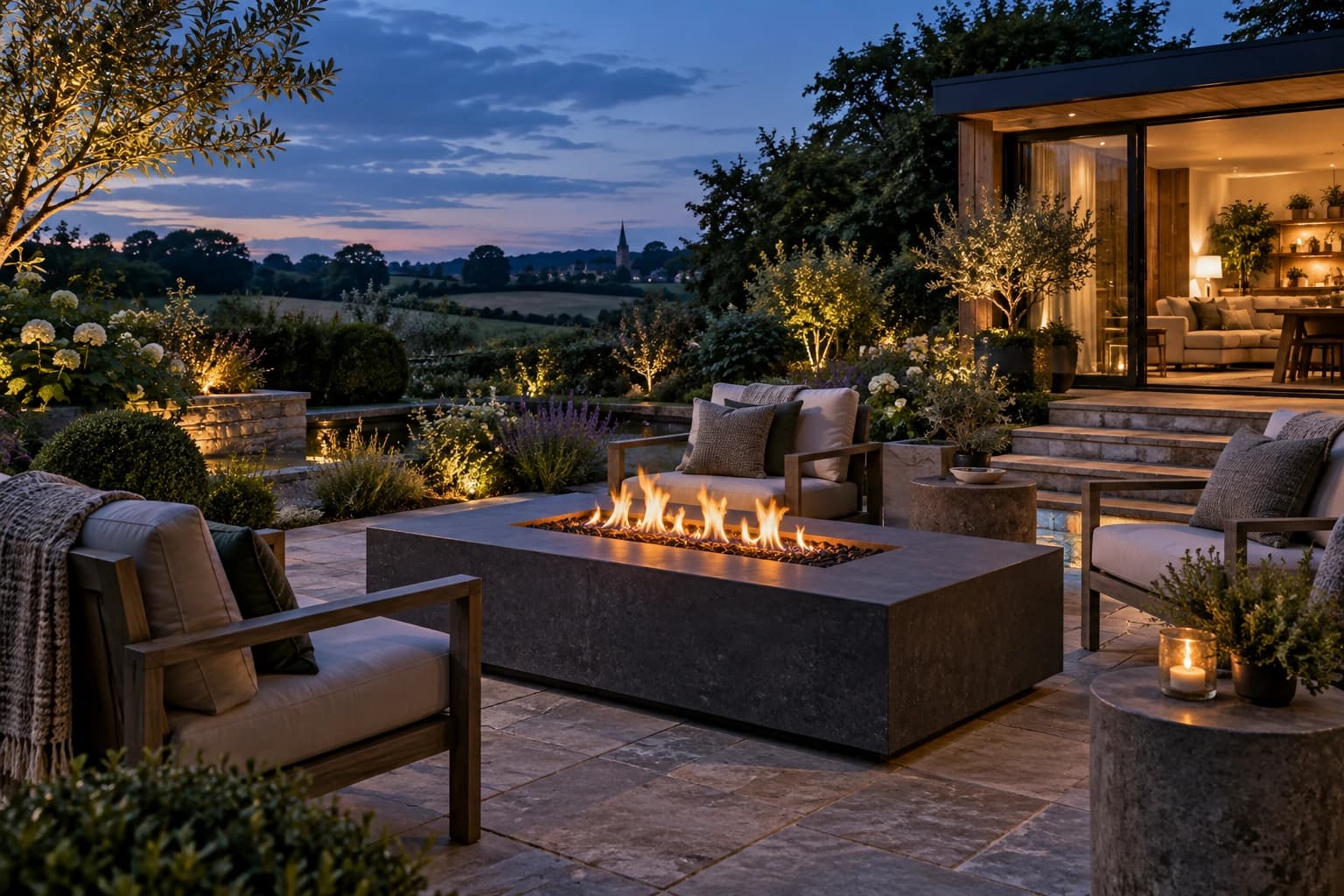 Gas fire pit table glowing beside outdoor seating