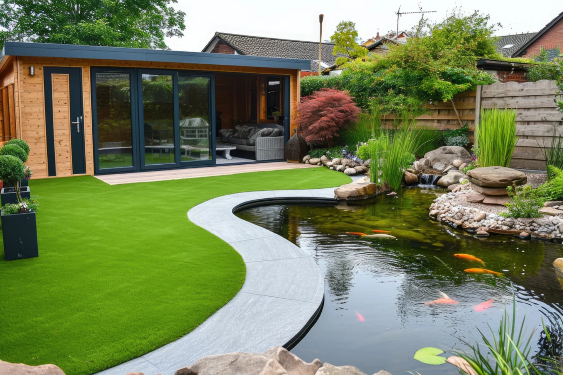Contemporary garden room beside a landscaped pond