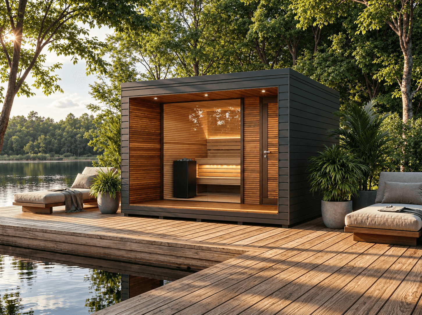 Charcoal garden sauna with a warmly lit timber interior, surrounded by lush trees and a sunlit deck
