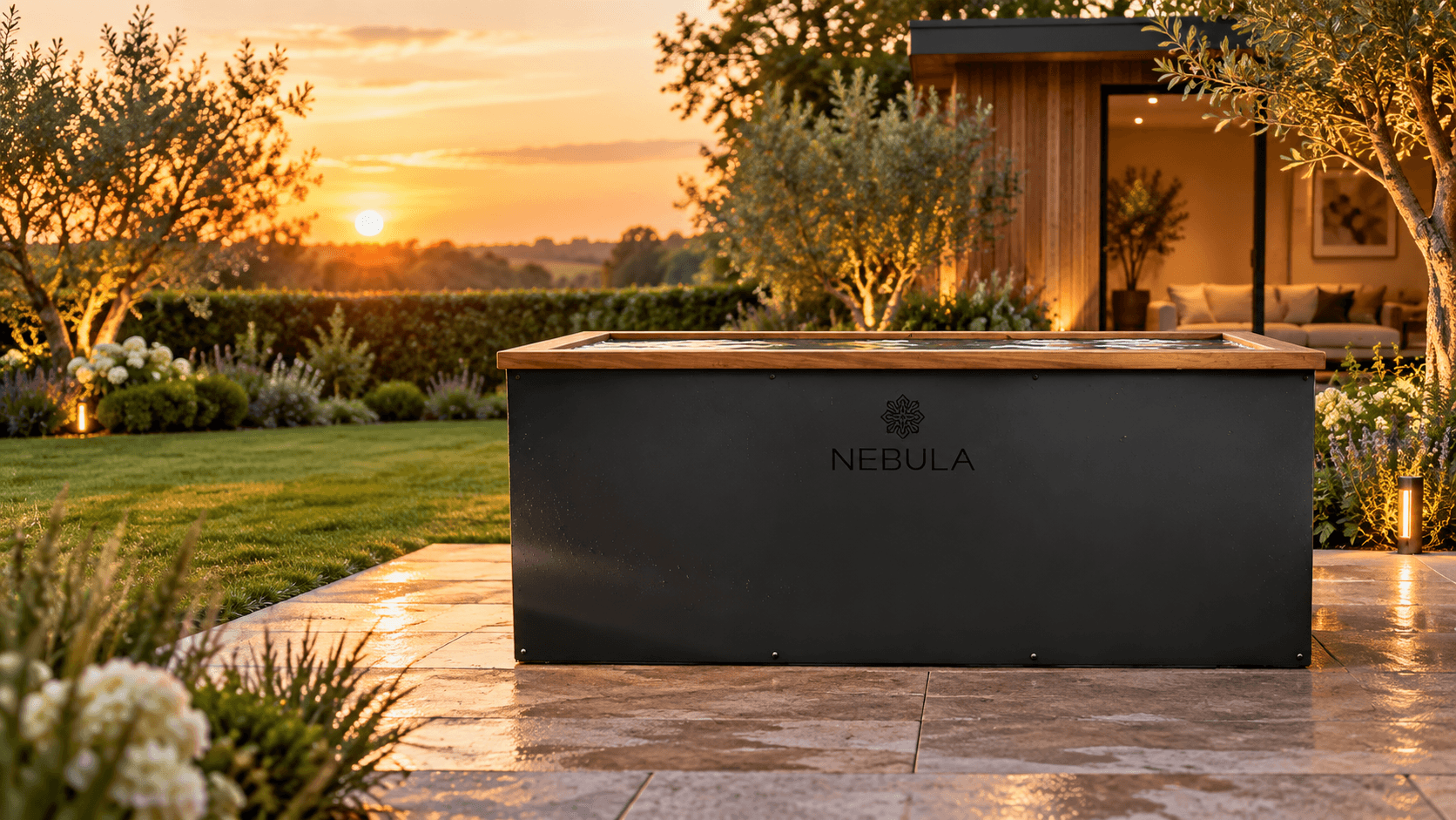 Illustrative black Pure Ice Bath by Nebula with teakwood trim in a landscaped garden