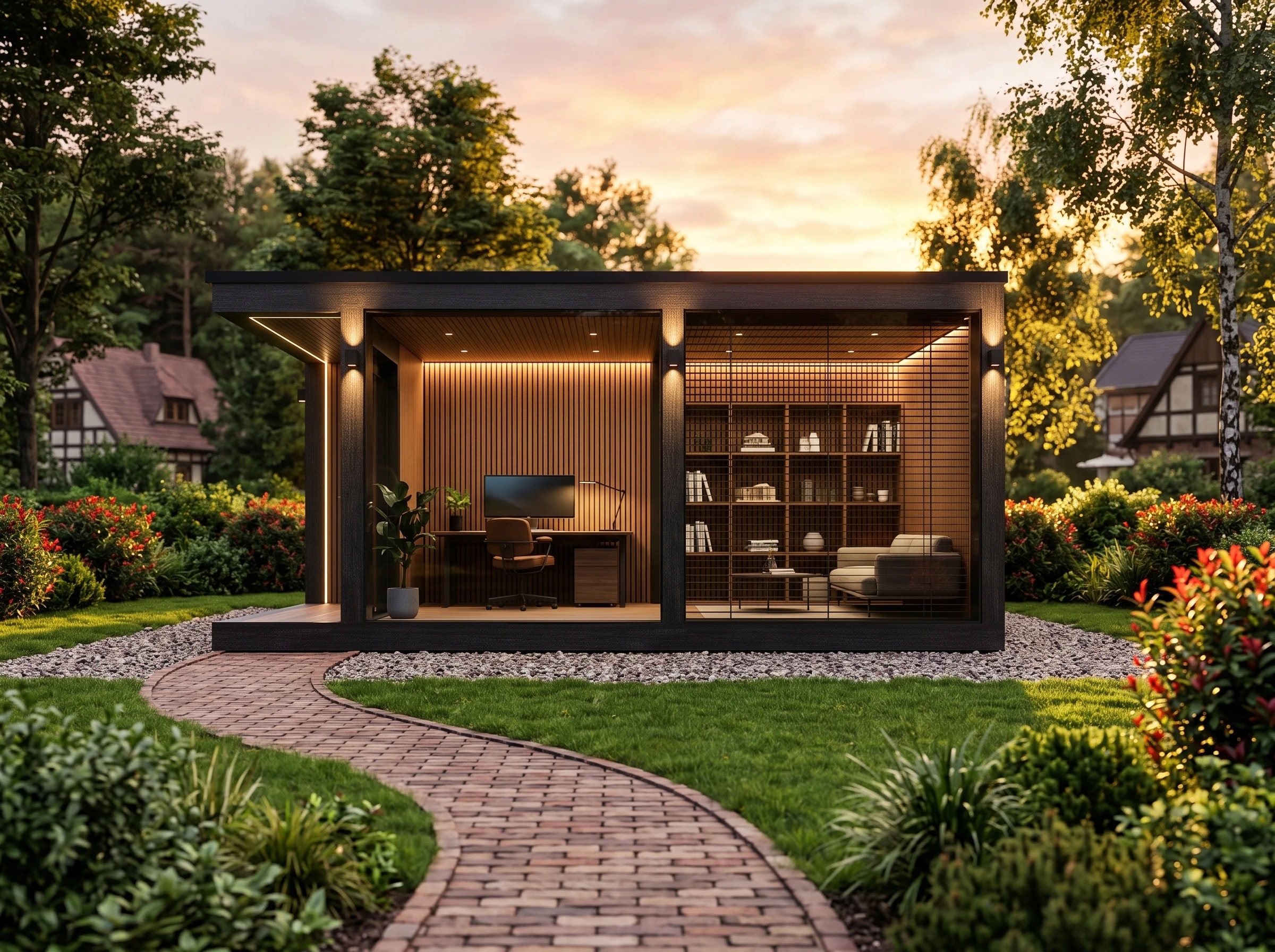 MODUM garden room visualisation with full-height glazing, a lounge and shelving overlooking a landscaped garden