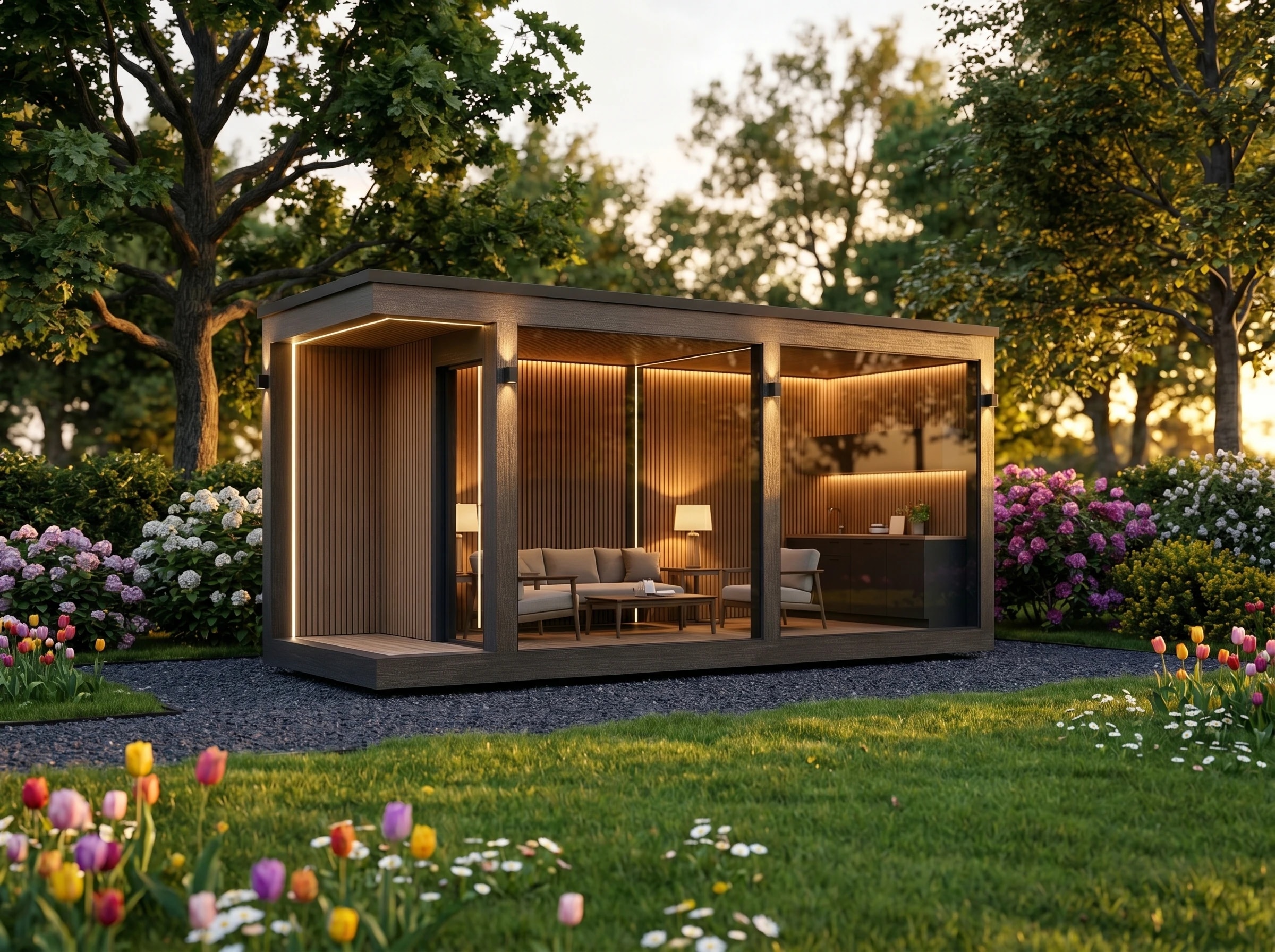 MODUM garden room visualisation with warm timber, glazed doors and a furnished lounge beside a garden path
