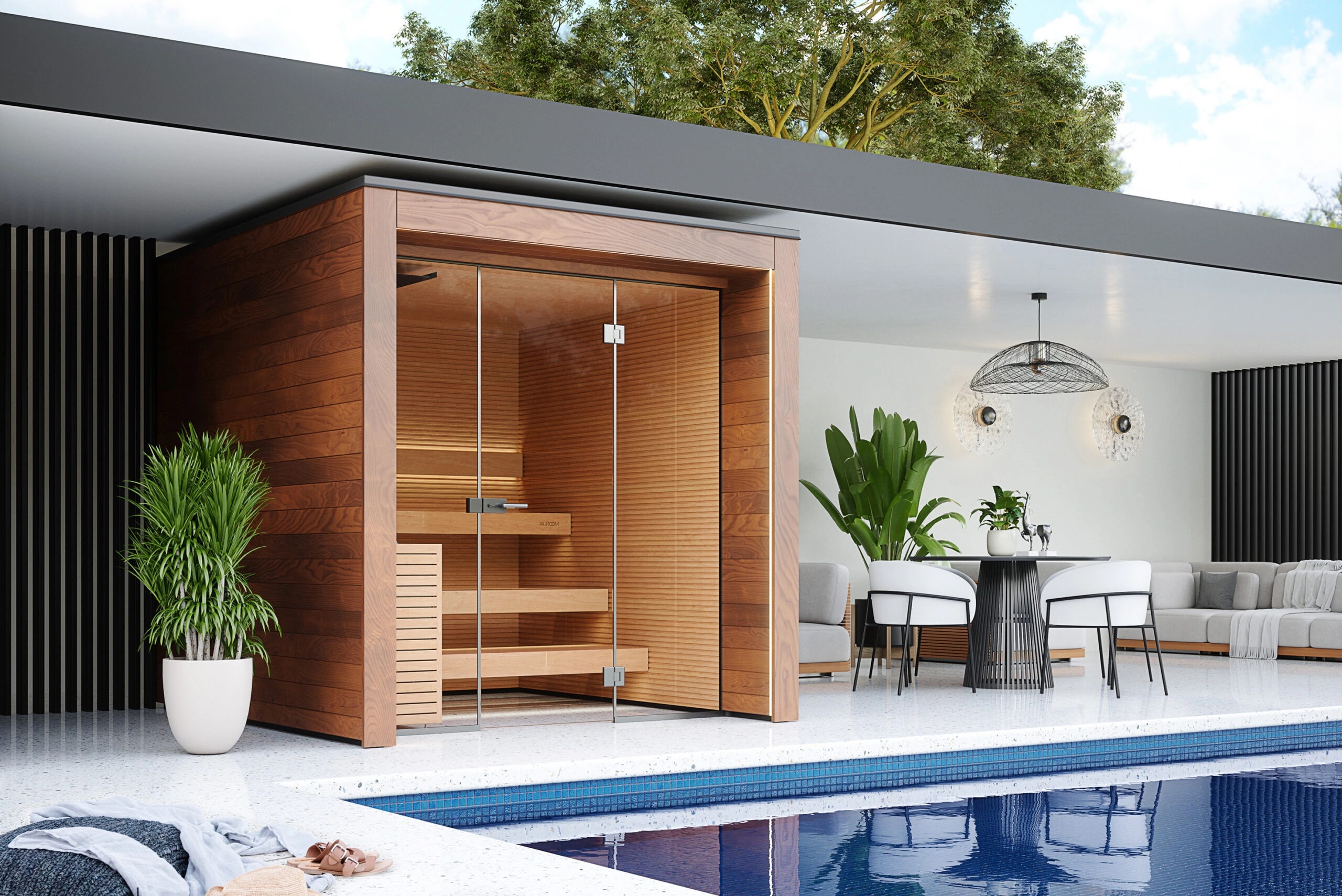 Timber Aurea sauna with a glass front beside a swimming pool