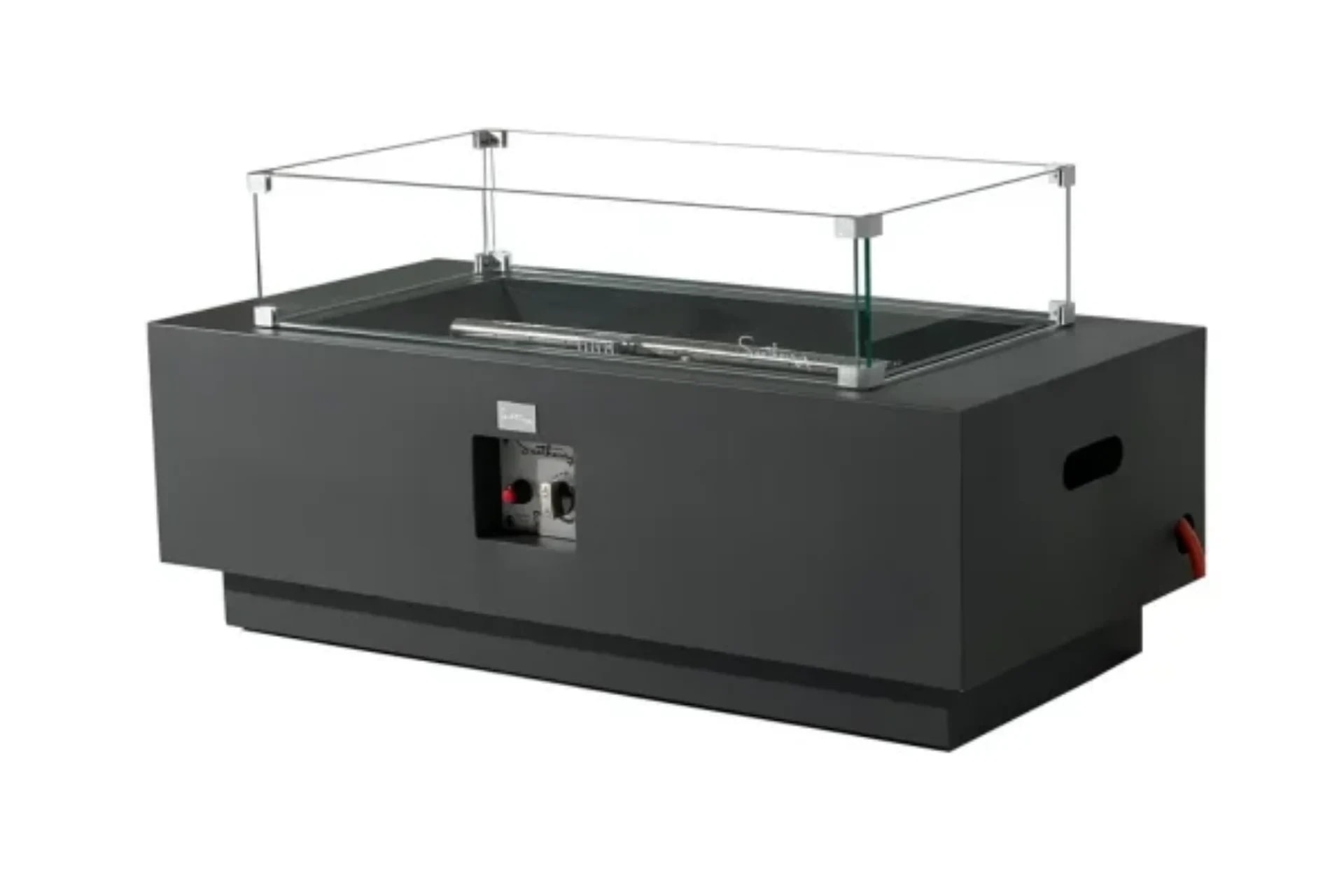 Black Huracan rectangular fire pit table showing its glass surround and iron frame