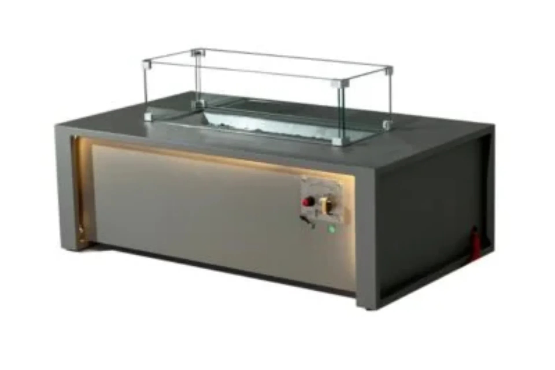 Grey Logi rectangular fire pit table with glass surround and side controls