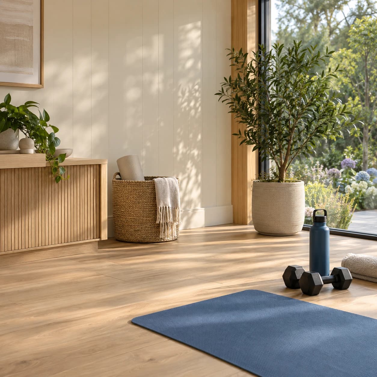 Garden gym room with training equipment and timber finishes